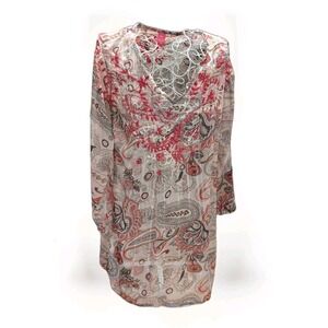 Raj Ladies White Gray Red Long Tunic Top Swim Cover Embroidered Silk Sz M